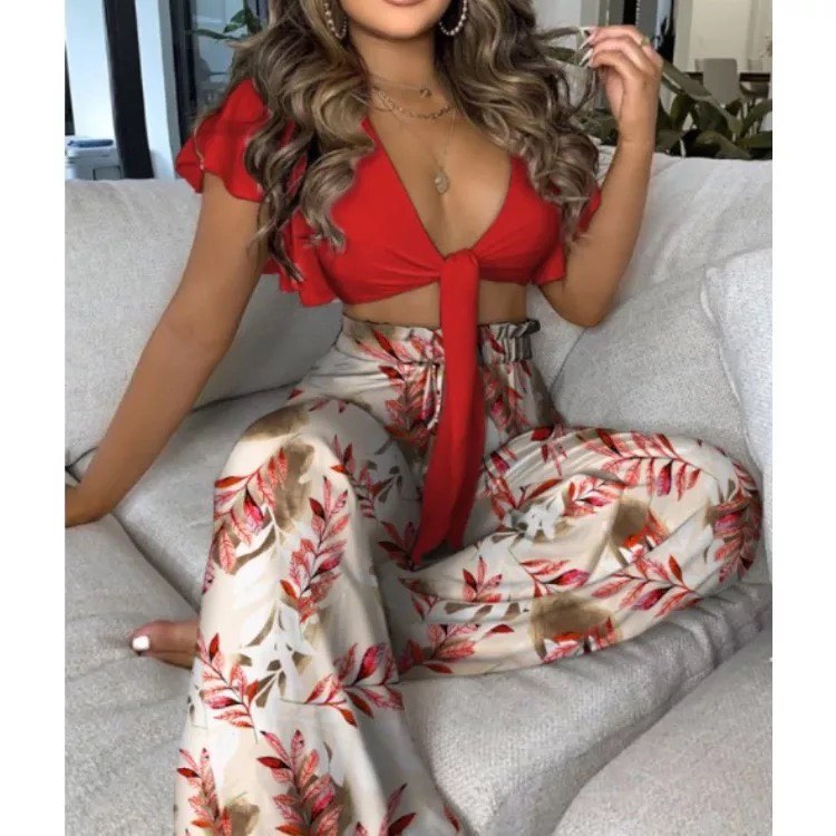 High Waisted Floral Set Red